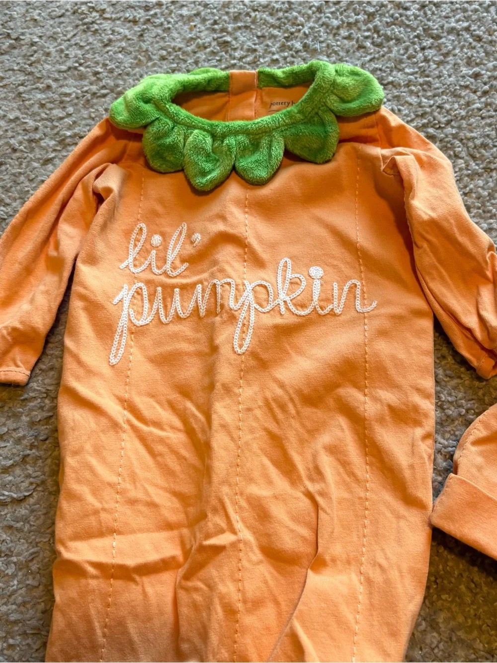 Pottery Barn Lil Pumpkin Orange Infant Gown Green Leaf Collar Bunting Costume